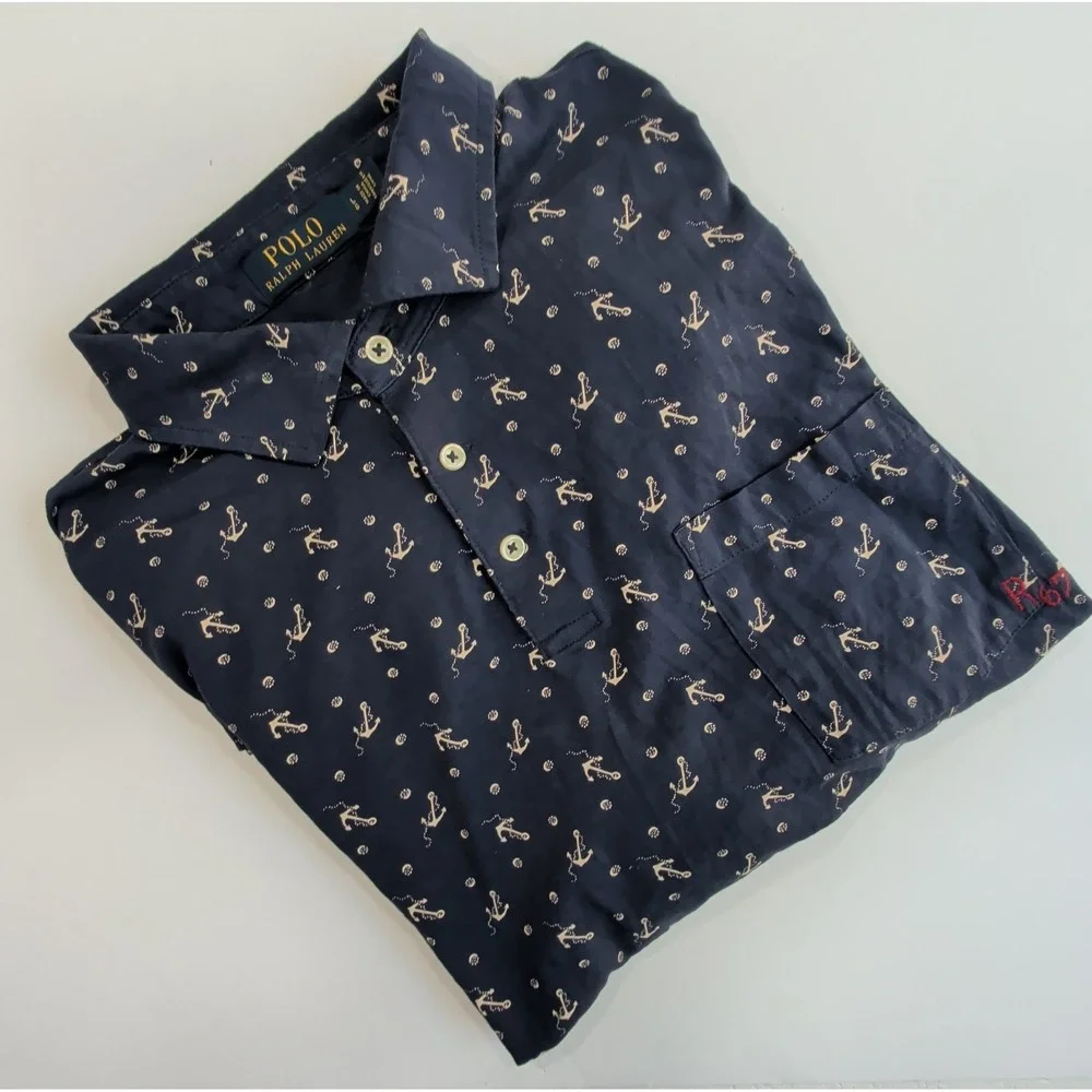 Ralph Lauren Polo Shirt Mens Large Navy Anchor Print Pocket R67 Nautical Preppy